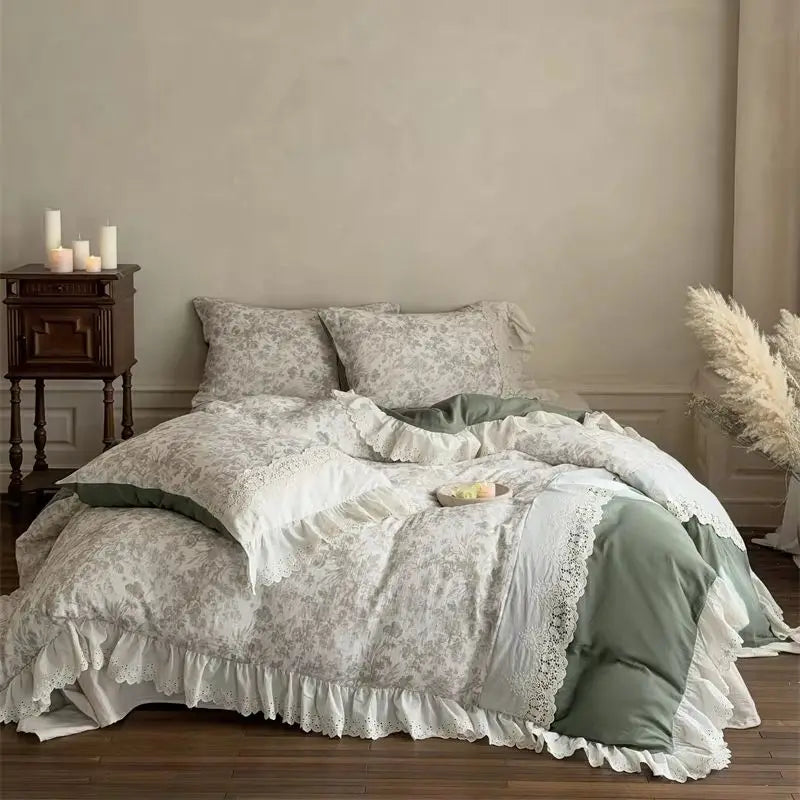 Vintage French Floral Lace Ruffles Bedding Set