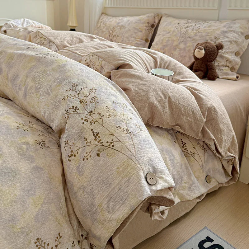 Korean Button Style Floral Print Bedding Set