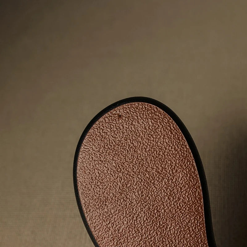 Leather Cowhide Retro Thick-Soled Elastic Buckle Middle Heel