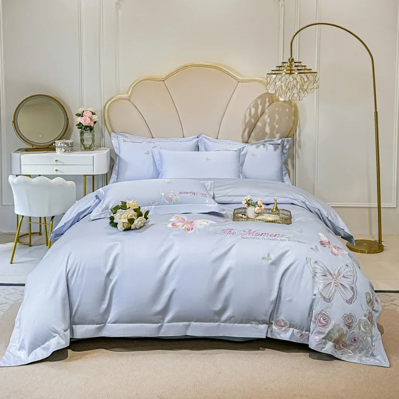 100% Cotton Butterfly Flowers Embroidery Luxury Bedding Set