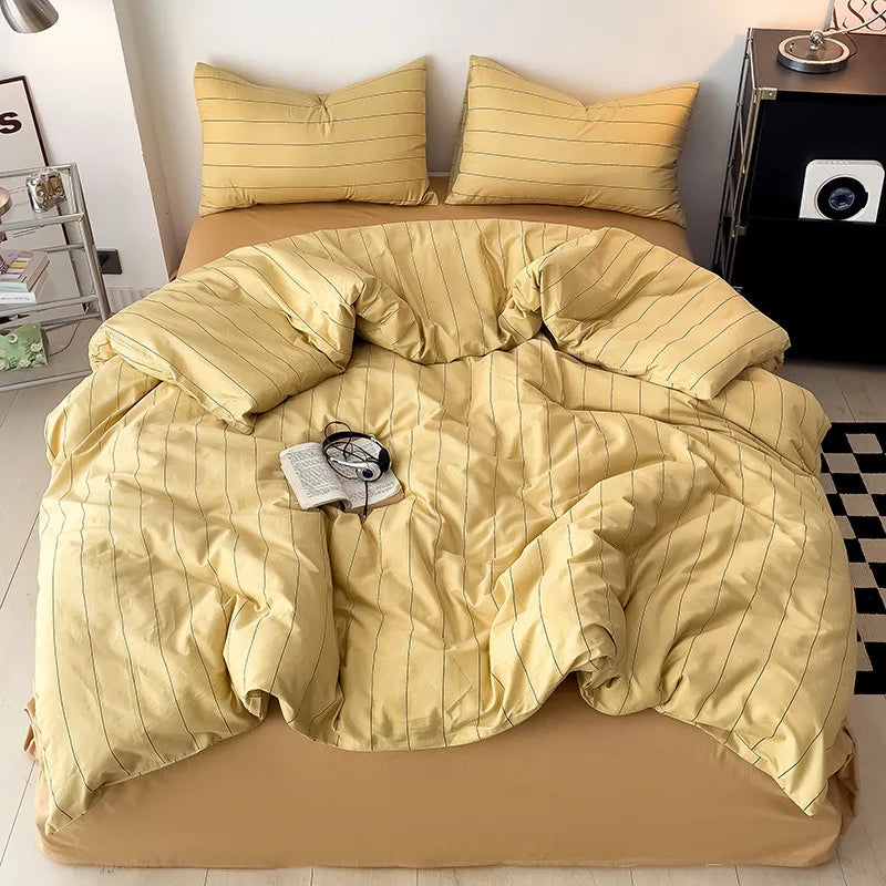Simple Green Striped Duvet Cover Bed Sheet Pillowcase Set Full Queen King Cotton Bedding Set