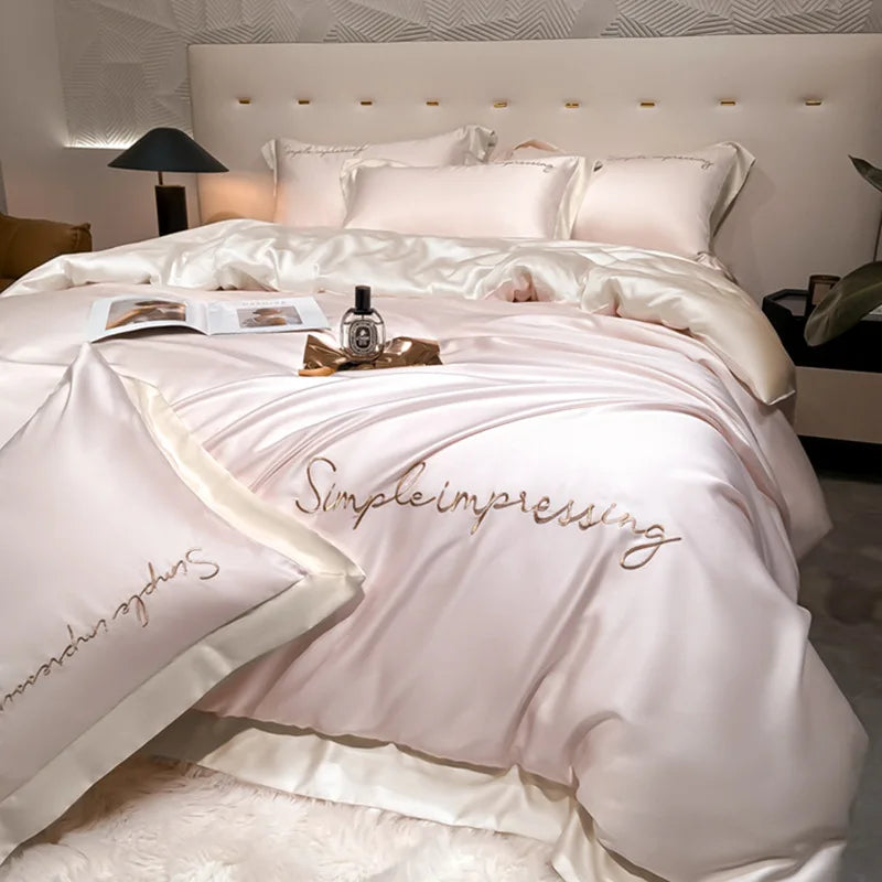 Class A 100% Lyocell Four Piece Set Ice Cold Feeling Silk Duvet Cover Smooth Bedding for Bedroom