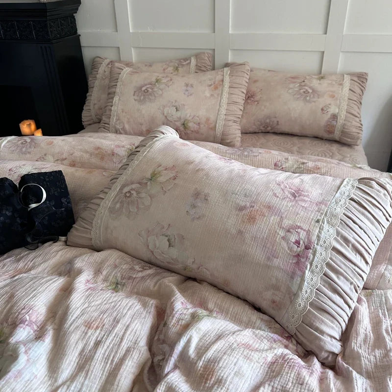 Flowers Prints Pleated Ruffles Princess Bedding Set