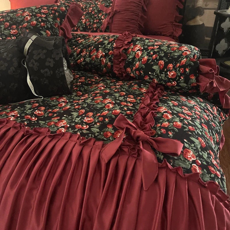 Vintage Floral Pleated Ruffles Bow 1000TC Egyptian Cotton Bedding Set