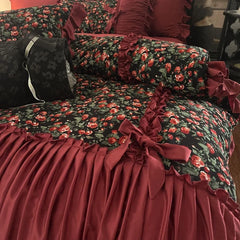 Vintage Floral Pleated Ruffles Bow 1000TC Egyptian Cotton Bedding Set