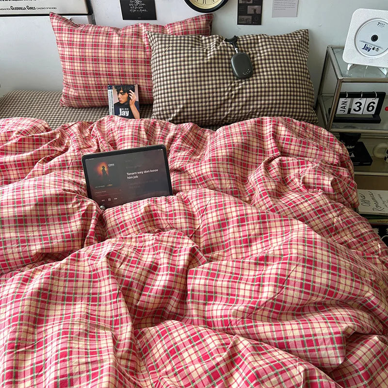Vintage Plaid Cotton Duvet Cover Set Twin Full Queen Size Soft Bed Flat Sheet Bedding Set