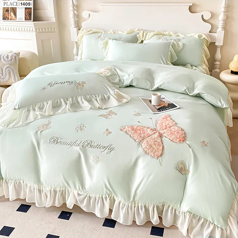3/4Pcs Korean Princess Style Washed Cotton Three-Dimensional Embroidered Butterfly Queen Size Bedding Set