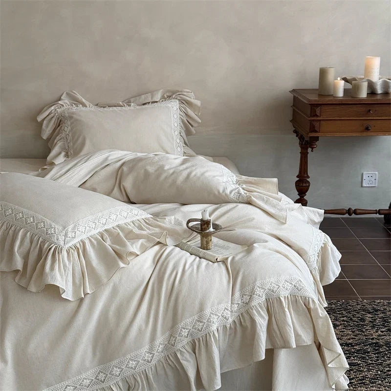 30% Linen And 70% Cotton Lace Ruffles Vintage French Bedding Set