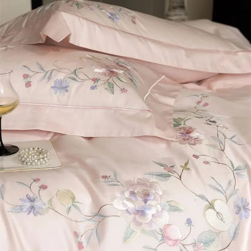 Premium 1000TC Egyptian Cotton Flowers Embroidery Pink Luxury Bedding Set