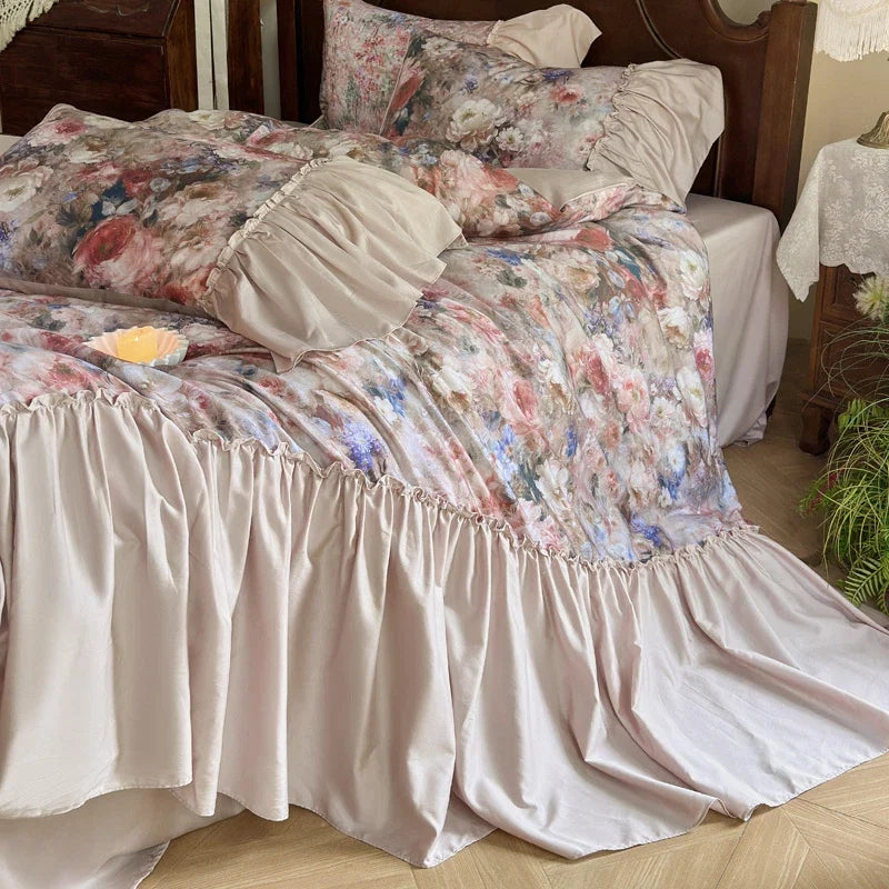 Flowers Print Large Ruffles Princess Bedding Set
