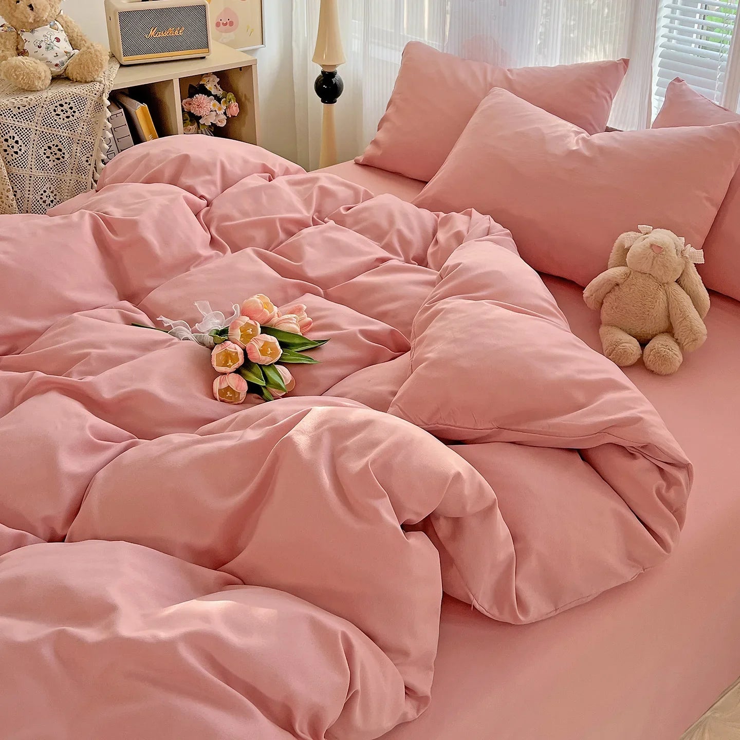 4pcs Duvet Cover Set with Sheet and Pillowcases Solid Color Bedding Set