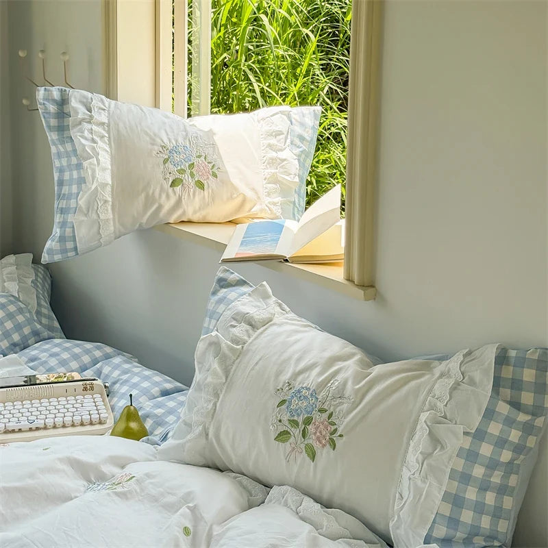Korean Princess Style Double Layer Lace Flower Embroidery 100% Cotton Bedding Set