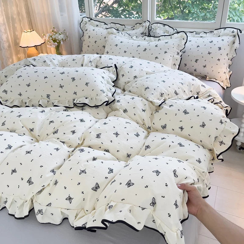 Heart Print Duvet Cover Set Princess Style Lace Ruffles Bedding Set
