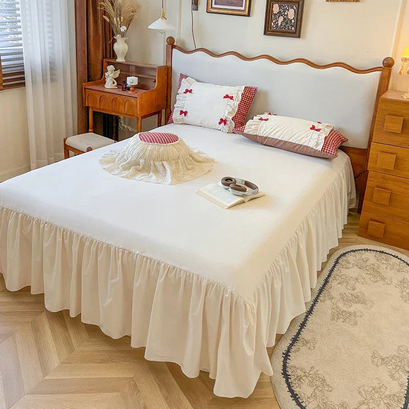 100% Cotton Korean Princess Style Bow Plaid Lace Ruffles Patchwork Bedding Set