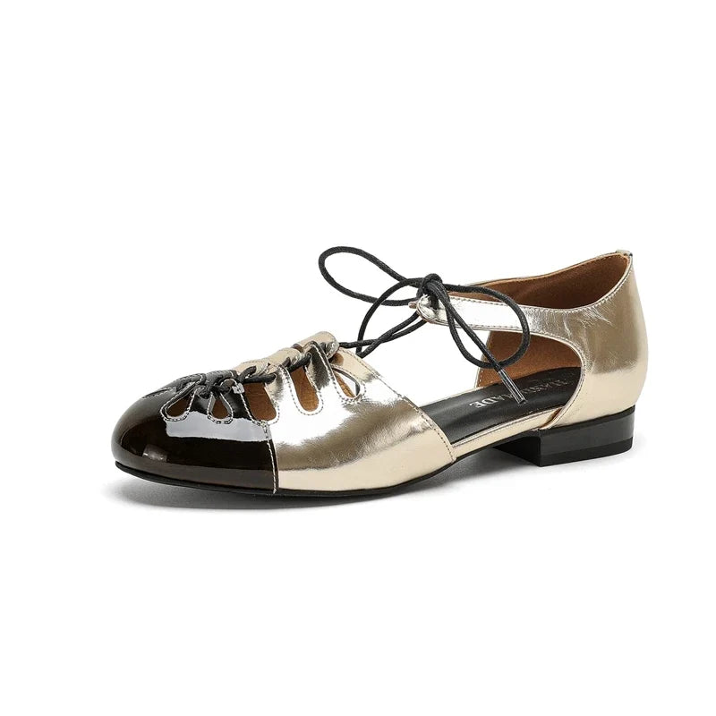 leather cowhide lace up low Heel