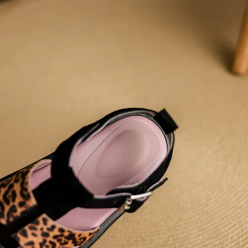 Thick Sole Leopard Print Breathable Open Toe Loose Buckle Strap Low Heel