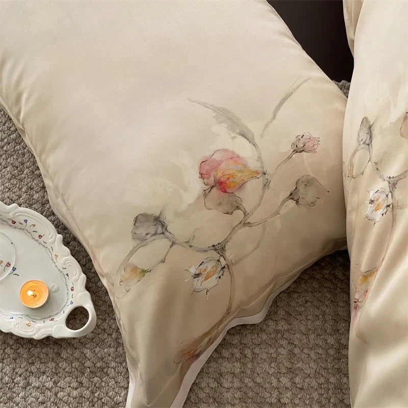 Luxury Lyocell Cotton Bedding Set, Watercolor Floral Print, Silky Soft Cooling Duvet Cover Set Flat/Fitted Sheet Pillowcase 4Pcs
