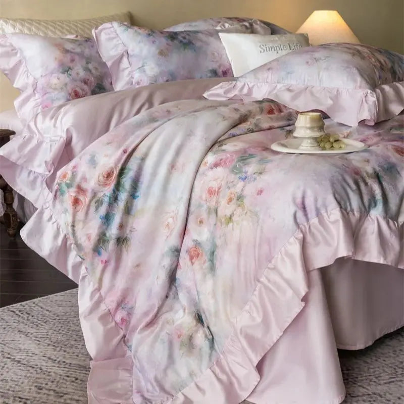 600TC Egyptian Cotton Flowers Print Ruffle Luxury Bedding Set