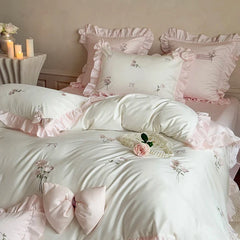 4Pcs Rose Embroidery Bow Ruffles Princess Wedding Bedding Set