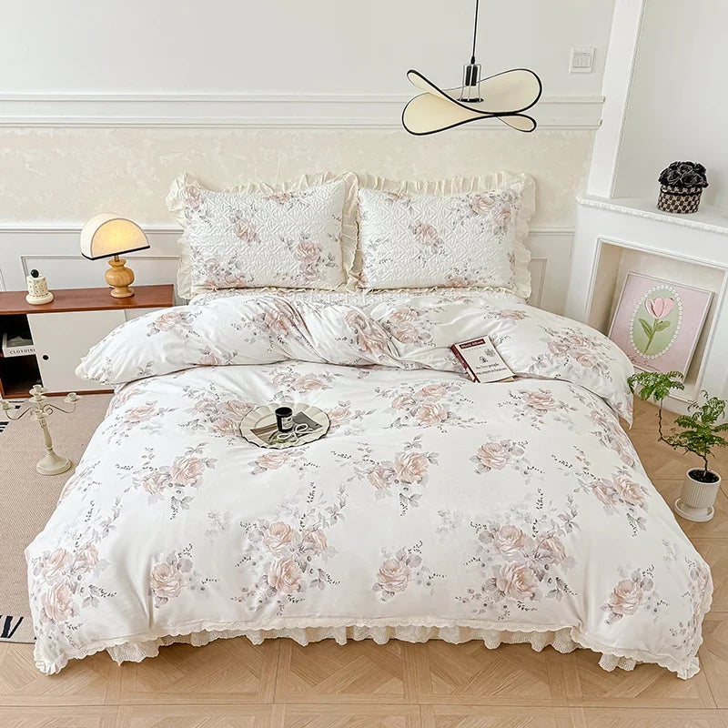 Korean Princess Style Floral Print Lace Ruffles Bedding Set