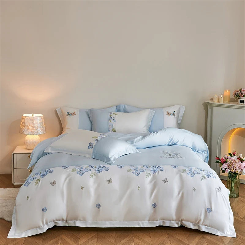 Flowers Butterfly Embroidery Luxury Bedding Set