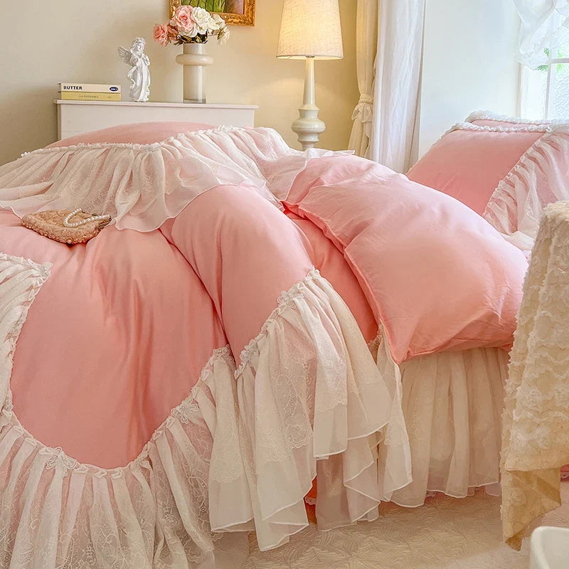 4/6Pcs Pink White Princess Wedding Bedding Sets