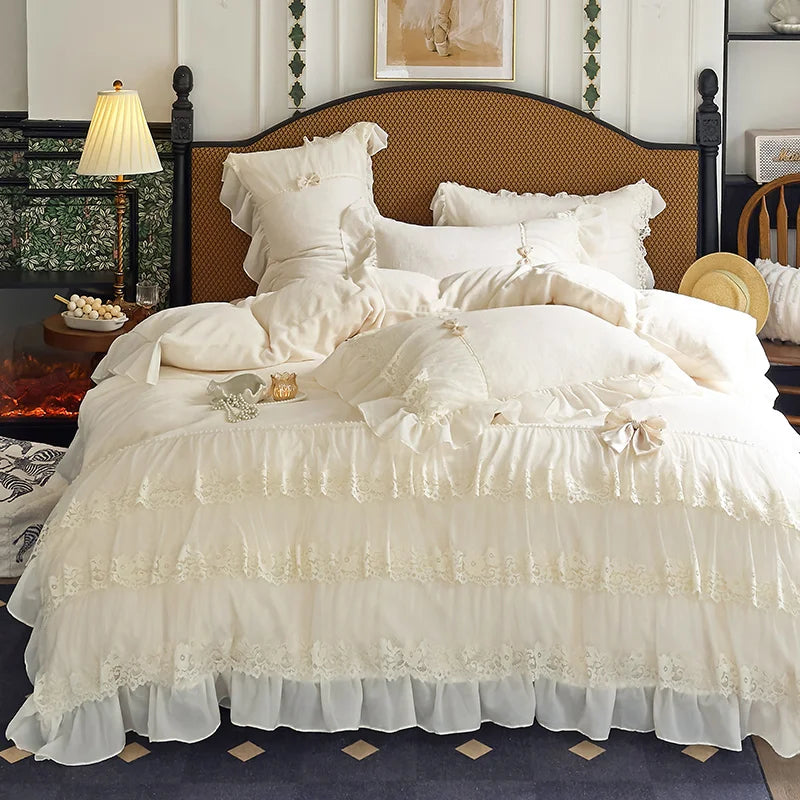 Three-layer Lace Ruffles Bow Princess Wedding Bedding Set