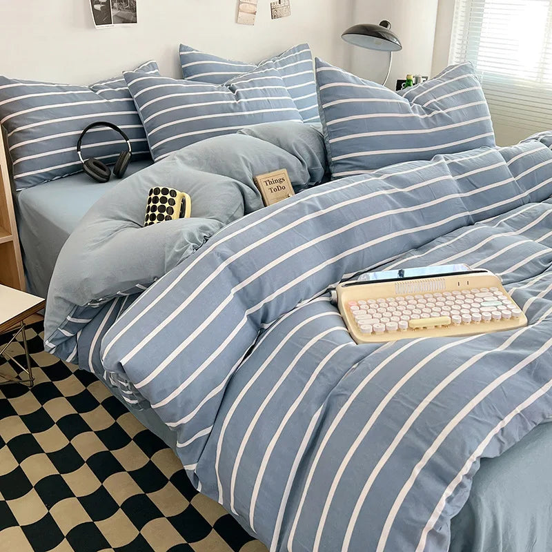 Japanese Style Bedding Sheet Set No Filler Striped Grid Minimalist Duvet Cover Pillowcase Double Queen Washed Cotton Bed Linens