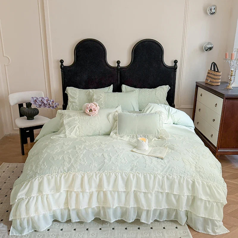 4Pcs French Vintage Princess Style Embroidered Chiffon Lace Ruffle Luxury Bedding Set