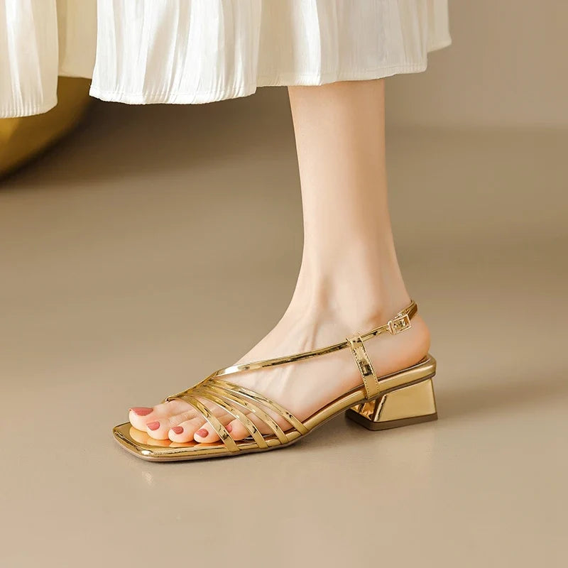 Leather Cowhide Square Toe Elastic Hollow Breathable Mid Heel