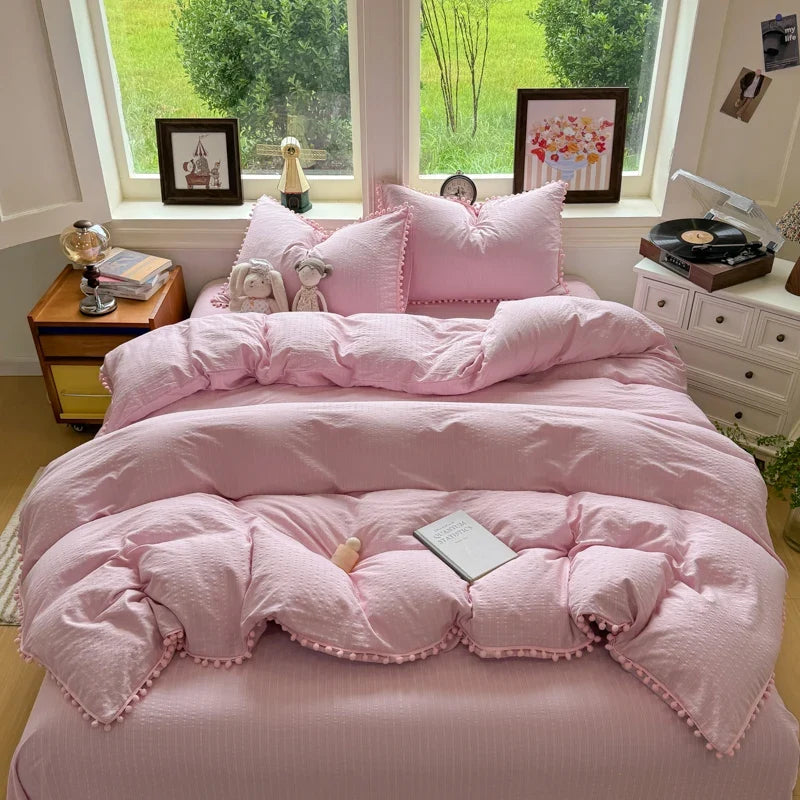 3/4Pcs Solid Color Round Ruffle Bedding Set