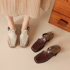 leather cowhide round toe low Heel