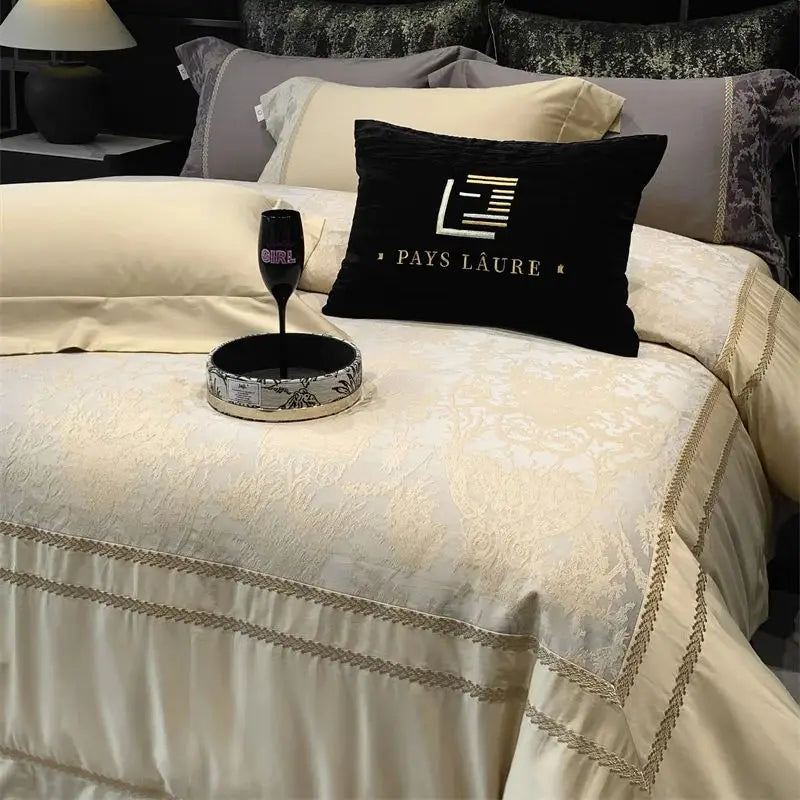 Champagne 1000TC Egyptian Cotton Yarn-dyed Jacquard Embroidery Luxury Bedding Set