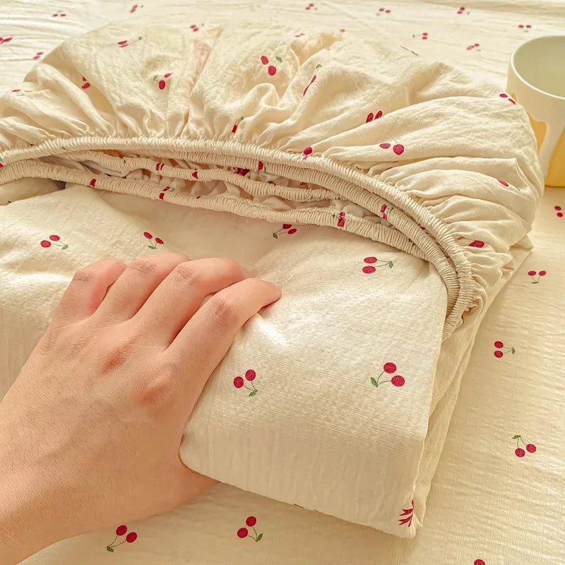 Soft Summer Fitted Bed Sheet with Elastic Band Cute Cherry Floral Single Double Queen Size 90/120/150/180/200 Bed Cover
