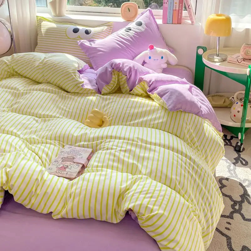 Cute Korean Style Duvet Cover Set No Filler Green Pink Mix Color Flat Sheet Pillowcases Polyester Twin Queen Size Bed Linens