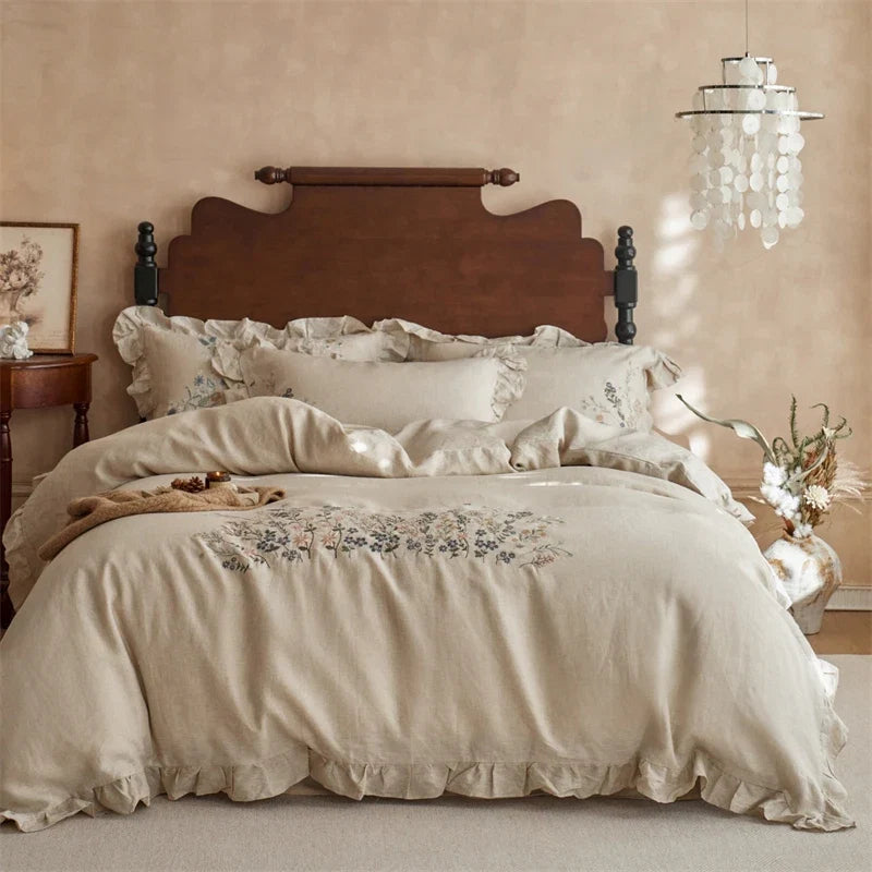 100% Pure Linen Flowers Embroidery Ruffles Luxury Queen King Size Bedding Set