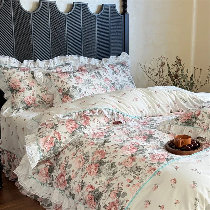 100% Cotton Vintage Countryside Floral Print Ruffle Bedding Set