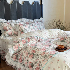 100% Cotton Vintage Countryside Floral Print Ruffle Bedding Set