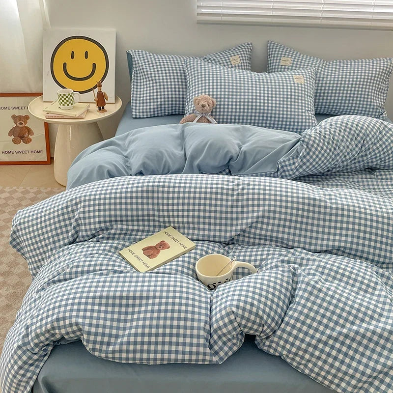 Japanese Style Blue Check Bedding Set