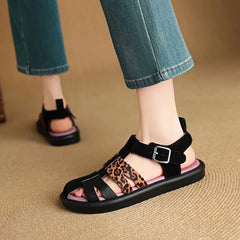Thick Sole Leopard Print Breathable Open Toe Loose Buckle Strap Low Heel