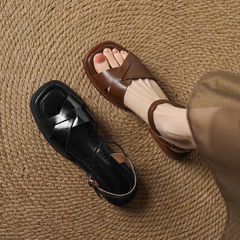 Leather Cowhide Elastic Belt Buckle Low Heel