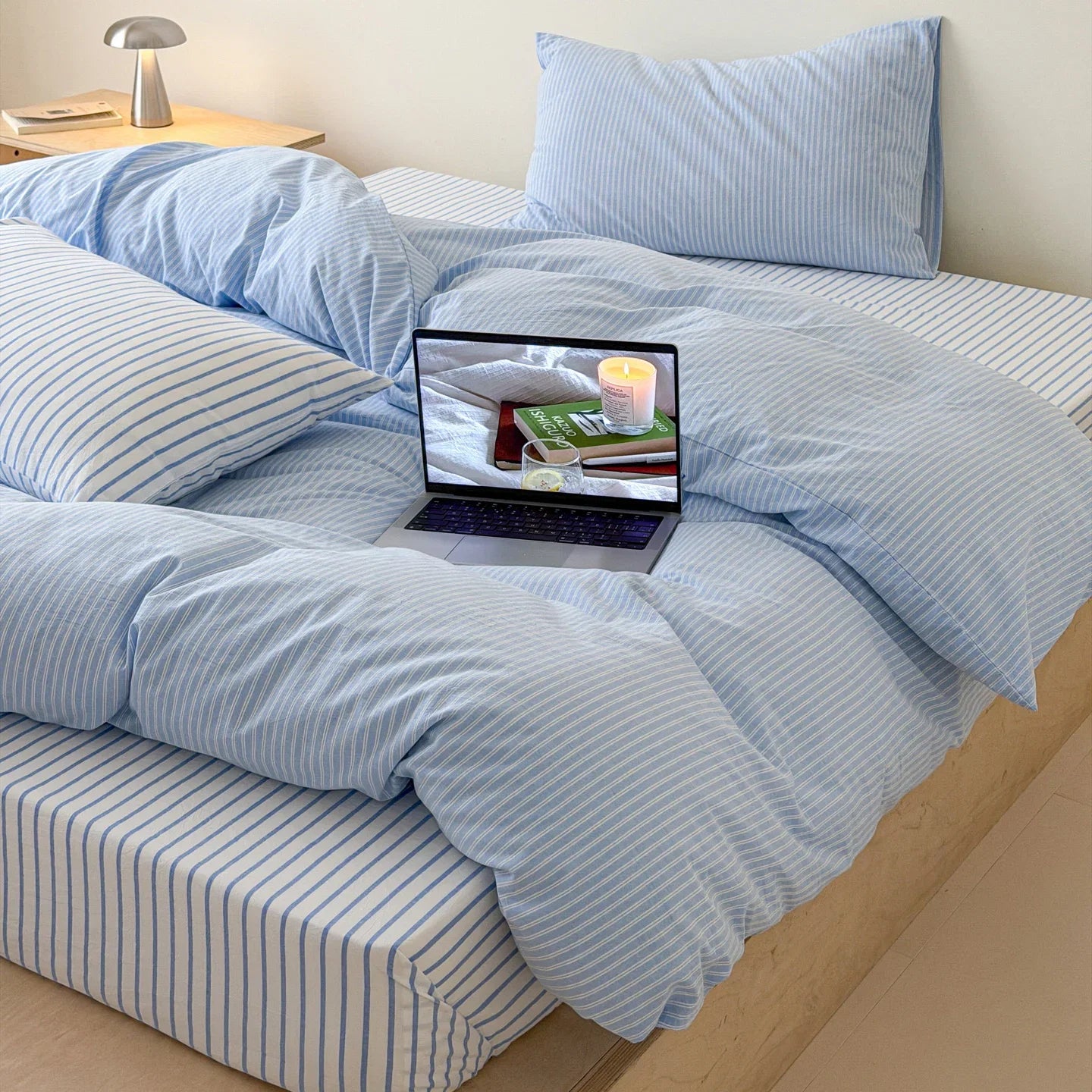 Japanese Blue Striped 100% Cotton Duvet Cover Set Queen King Bedding Set