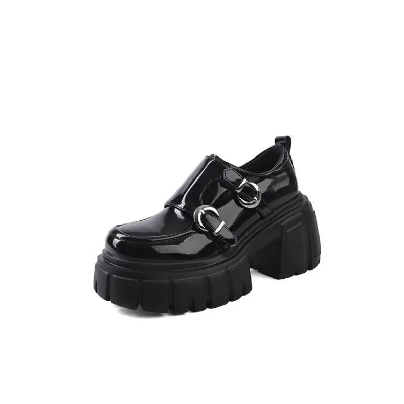 cowhide Platform Single shoe round toe Chunky Heel