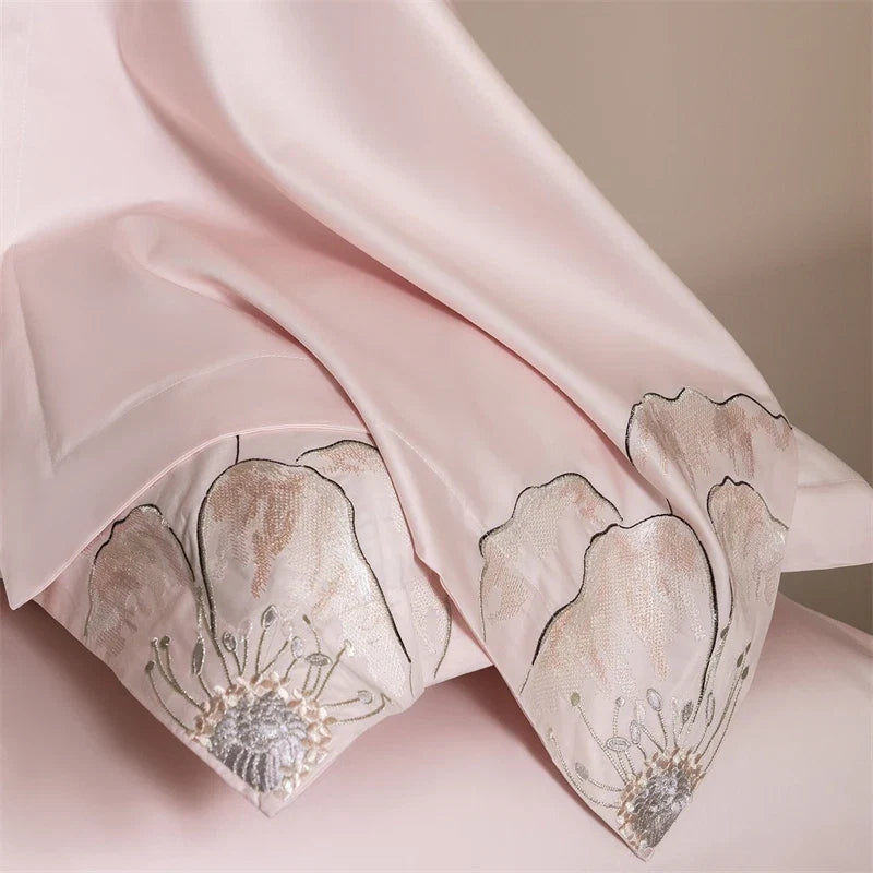 Pink Elegant Flowers Embroidery 100% Cotton Luxury Bedding Set