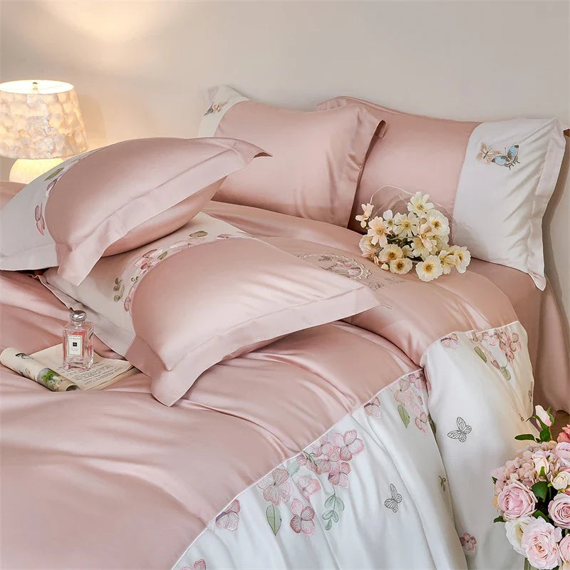 Flowers Butterfly Embroidery Luxury Bedding Set