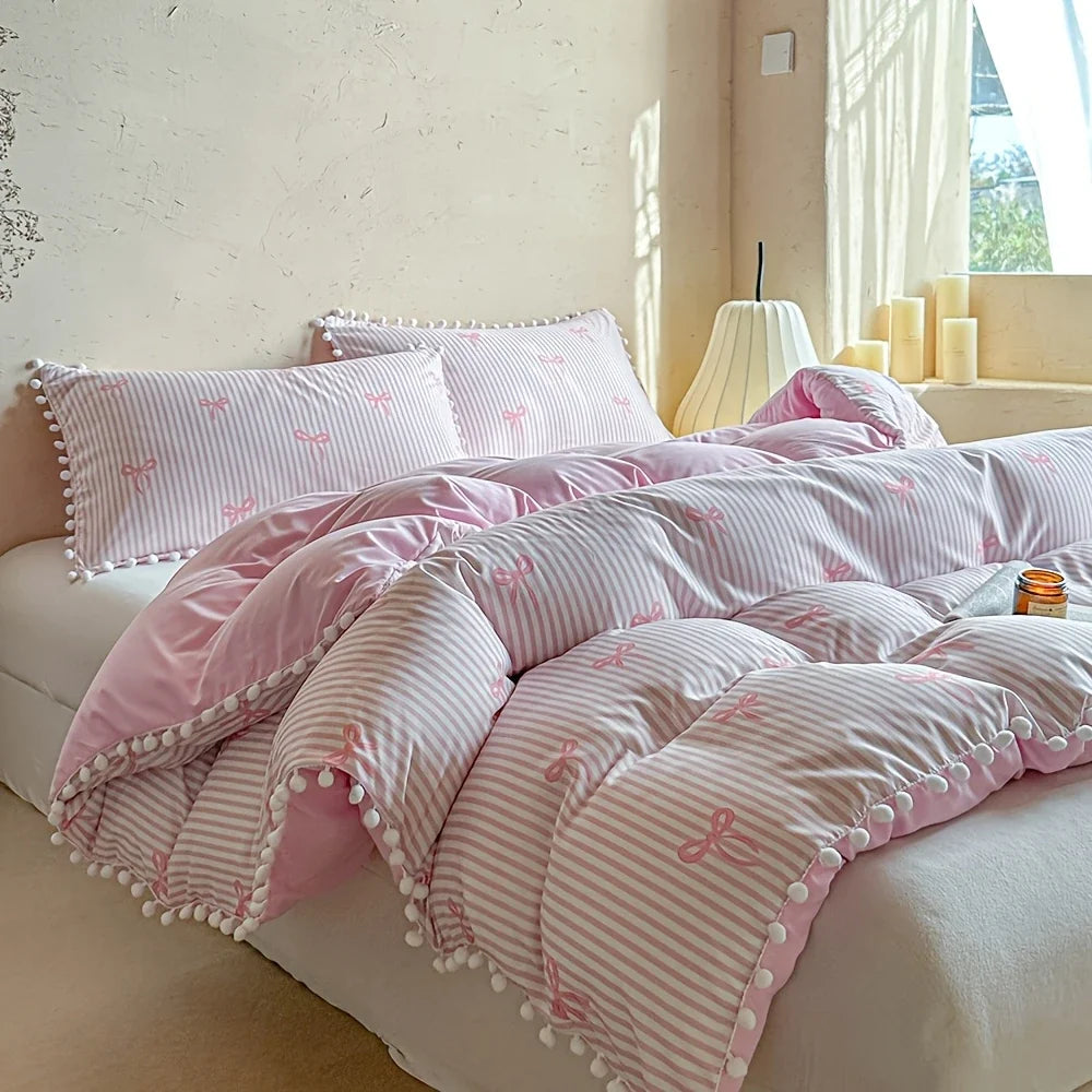 Cute Pink Bow Print Duvet Cover Set Soft Skin-friendly Striped Quilt Cover Pom Pom Queen King Size Bedding Set