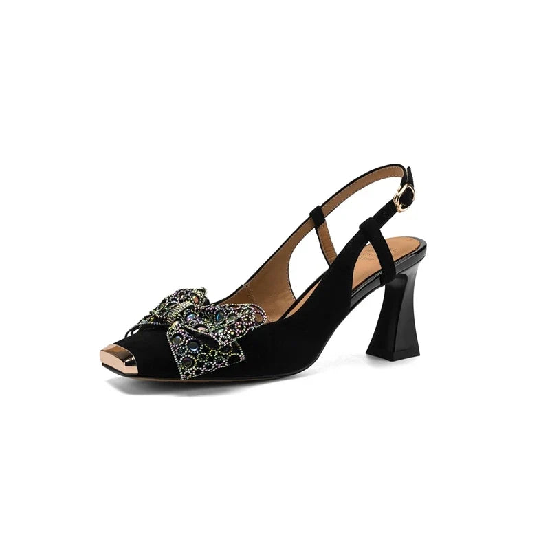 metal square head sheep suede colored bow elastic high Heels