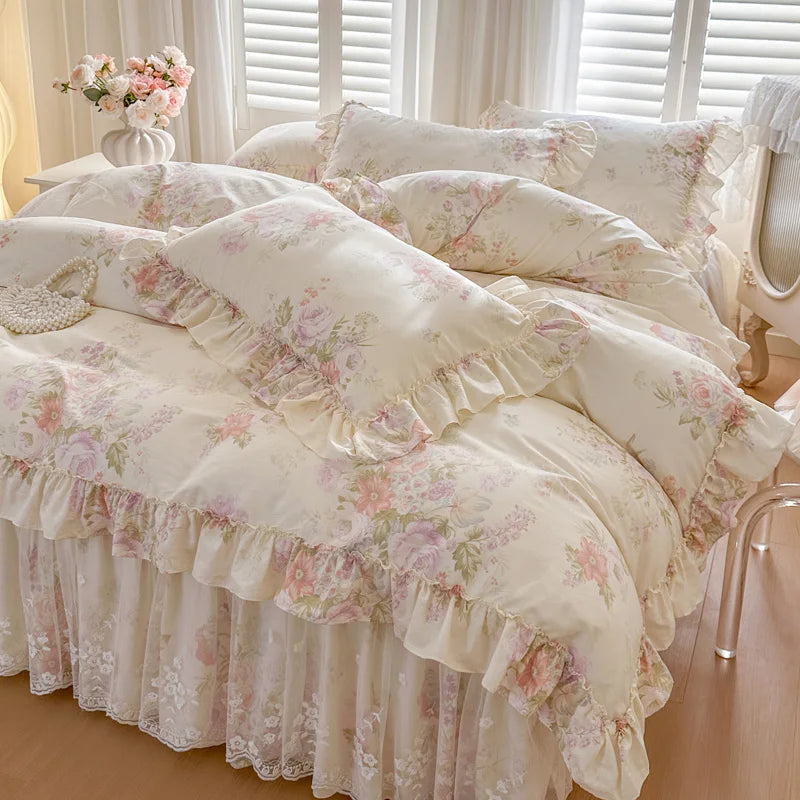 100% Cotton Flowers Print Lace Ruffles Princess 4/6Pcs Bedding Set