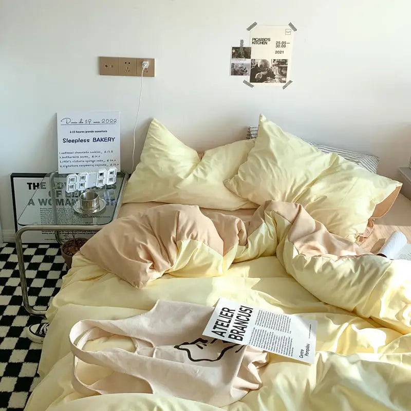 Solid Duvet Cover Set with Sheet Pillowcases Korean Comforter Cover Bed Linen Twin Full Queen Size Grid Home Bedding Set
