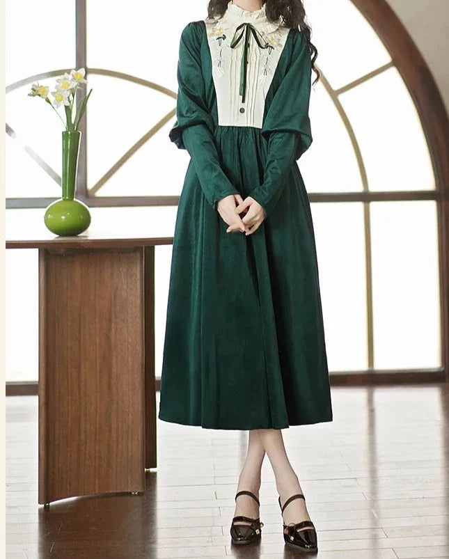 Imogen's Holiday Vintage-style Velvet Dress with Embroidery